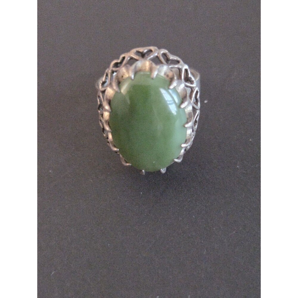 Vintage 925 Sterling Silver Green Jade Cabochon Ring Ornate Heart Openwork Sz 8